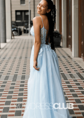 Nydia |Light Blue Prom Dresses Long Near Me With A Line Straps Corset Tulle High Slit - Price #price_variant_lowest# - Light Blue - PromDressClub